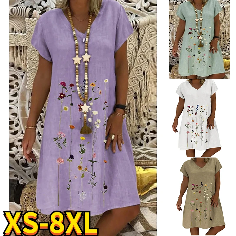 

Women's A Line Dress V Neck Short Sleeves New Dress Knee Length Loosen Basic Female Dress Summer 2022