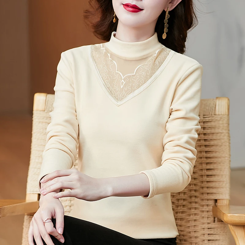 

Fashion Woman Blouses 2022 Lace Long Sleeve Top Women Hollow Out Sexy Blouse Basic Women Shirts Blouses Apricot Women's Clothing