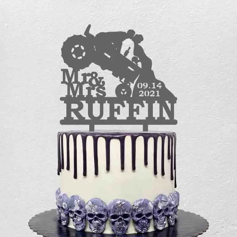 

Personalized Rustic Wedding Cake Topper Custom Mr. Mrs. Last Name Party Date Groom Drives Tractor Kisses Bride Cake Topper
