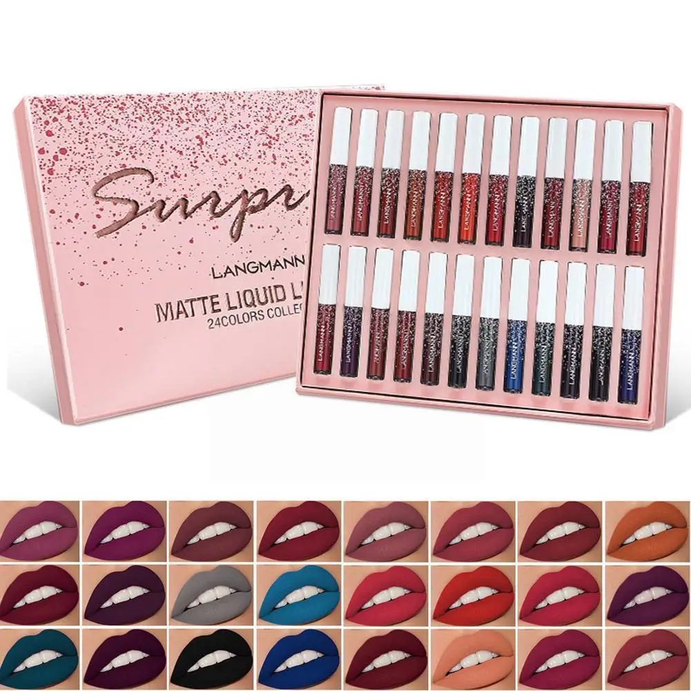 

24 Pcs Matte Lip Glaze Set Lipstick Liquid Lip Gloss Lasting Water Proof Non-stick Cup Gift For Friend Lips Make Ups Cosmet L7x6