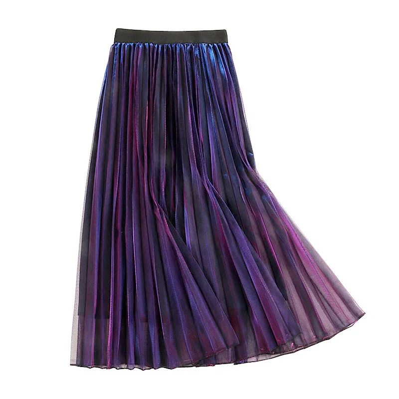 

Long Tulle Mesh Skirt Women 2020 Spring Summer Fashion Gradient Color Korean Elegant High Waist Pleated Maxi Skirt Female