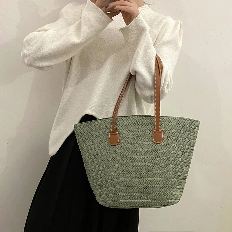 Summer Straw Bag Large Capacity Casual Tote Women Simple Solid Vacation Beach Bag Designer Shoulder Bags Top-Handle Bags Handbag