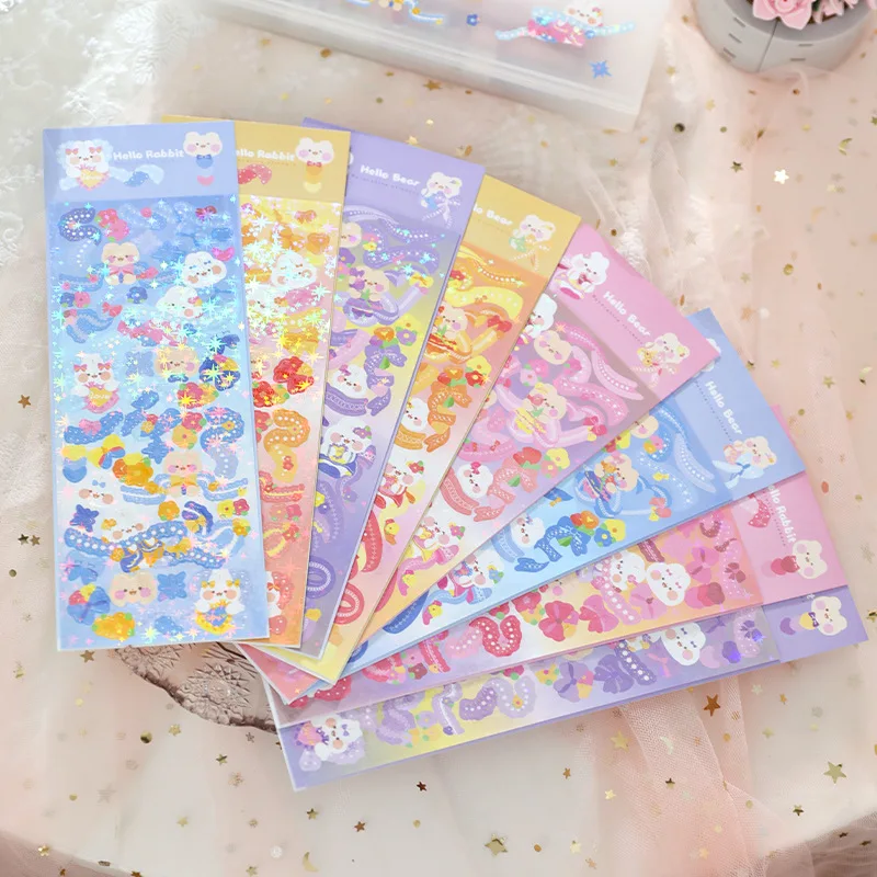 

ShuuO, 1 шт., 8 шт., милый кролик, блестки, Мультяшные животные, кружевная лента, наклейка «сделай сам», Kpop, карточка, Idol, фотоальбом, декоративный м...