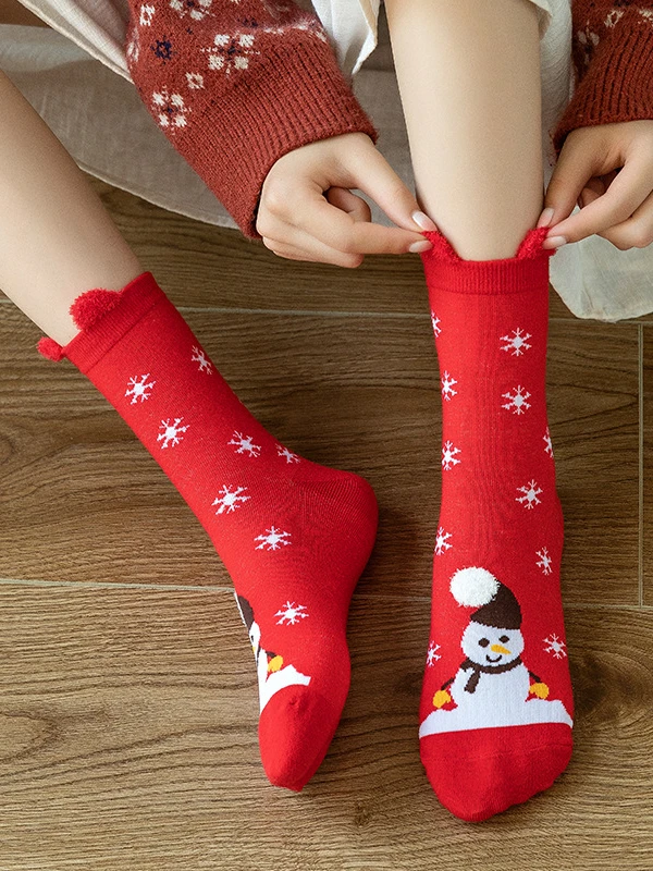 Women's Cotton Cartoon Christmas Stockings Funny Halloween Tube Socks Three-Dimensional Ears New Year Socks Red Socks