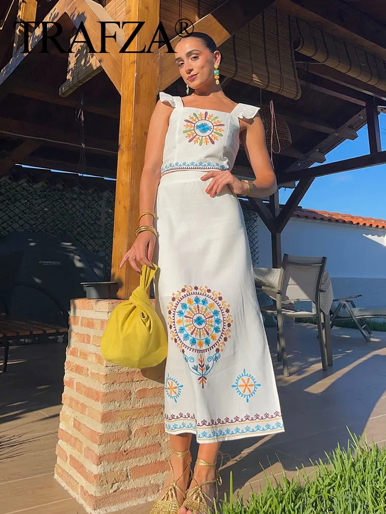 Женский летний костюм TRAFZA белый топ без рукавов с квадратным вырезом и принтом