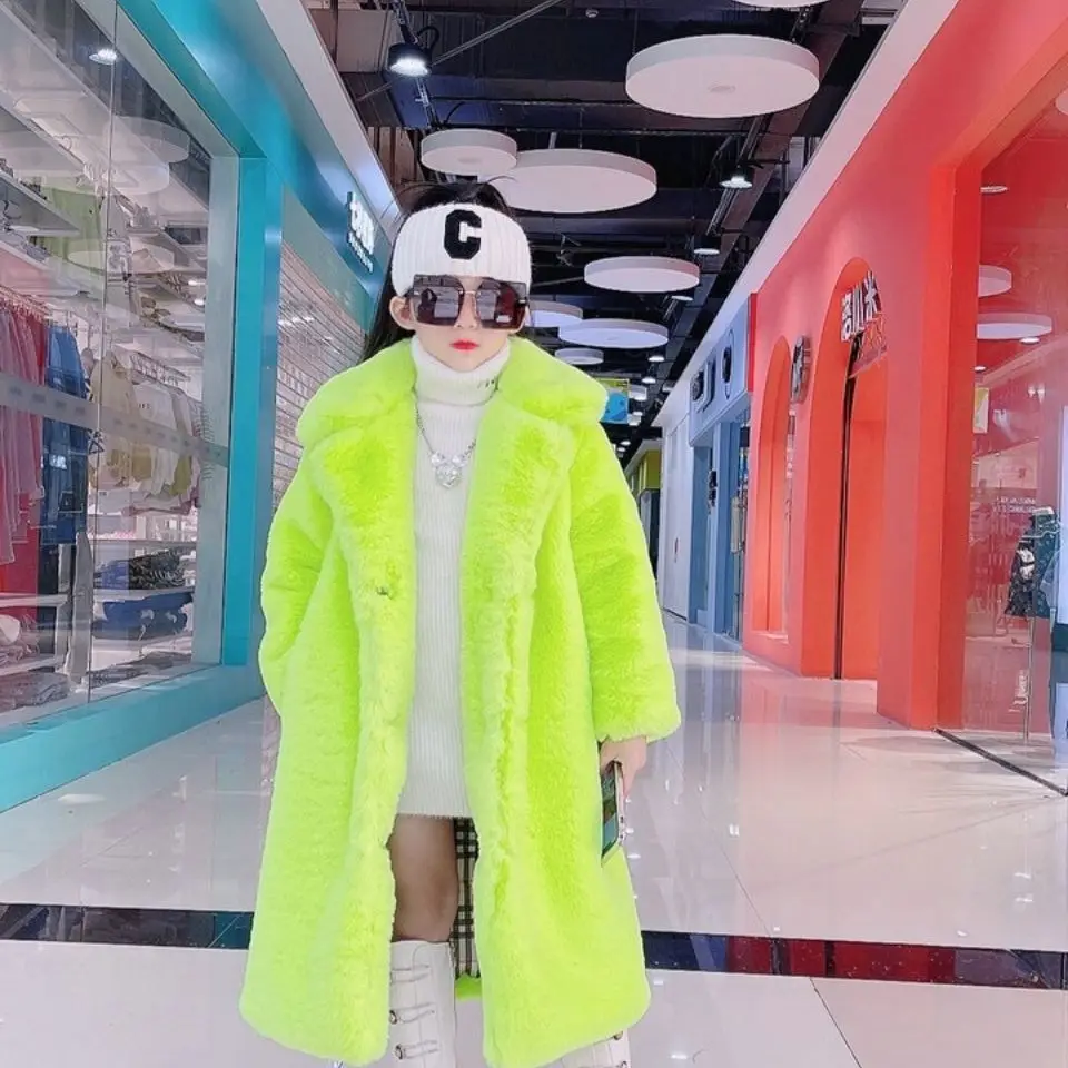 Girls Fur Jacket Youth Children's Mid-length Coat Loose Imitation Rabbit Fur Overcoat Thick Versatile Loose Warm Top