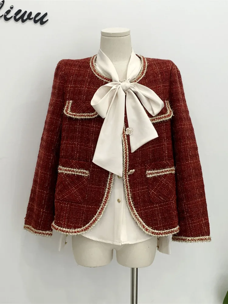 

Elegant Winter Autumn Red Tweed Short Jackets Coat England Style Round Neck Pocket Single Breasted Woolen Outwerwear Chaquetas