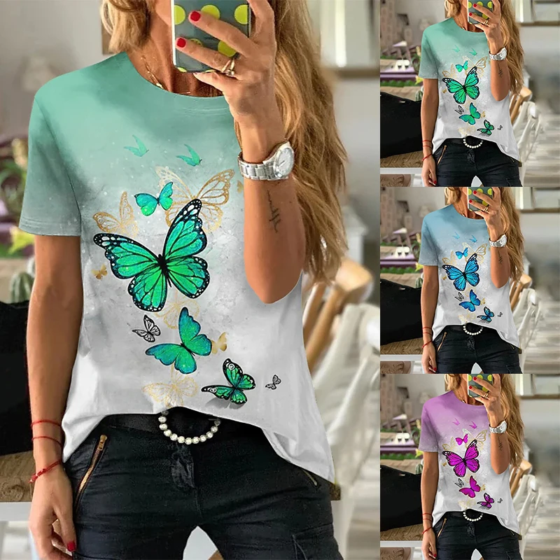 

2022 Summer Women's Butterfly 3D Printed T Shirts Round Neck Female Pullover Casual Fashionable Streetwear New Design Pullover