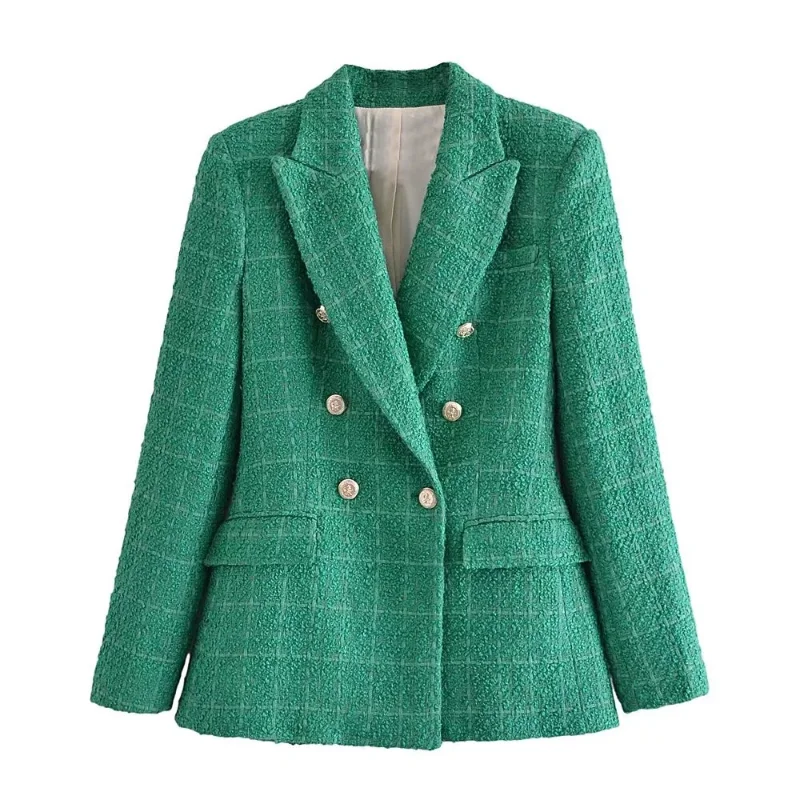 2022 Women Jacket  Fashion Autumn Double Breasted Tweed Check Blazer Coat Vintage Long Sleeve Pockets Female Outerwear