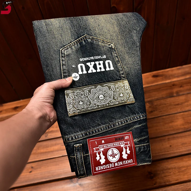 Джинсы высокого качества для мужчин осень 2024 модные стильные потертые