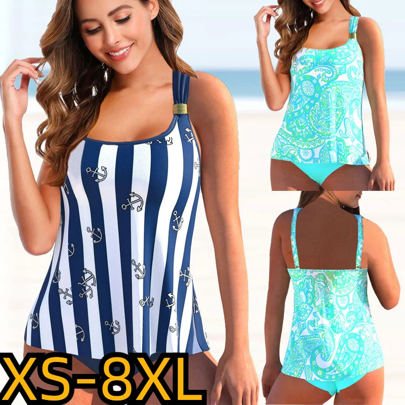 

2022 New Women Stripe Printed Bathing Suit Female Two Pieces Set Swimsuit Female Sexy Swimwear Summer Ladies Loose Size Tankini