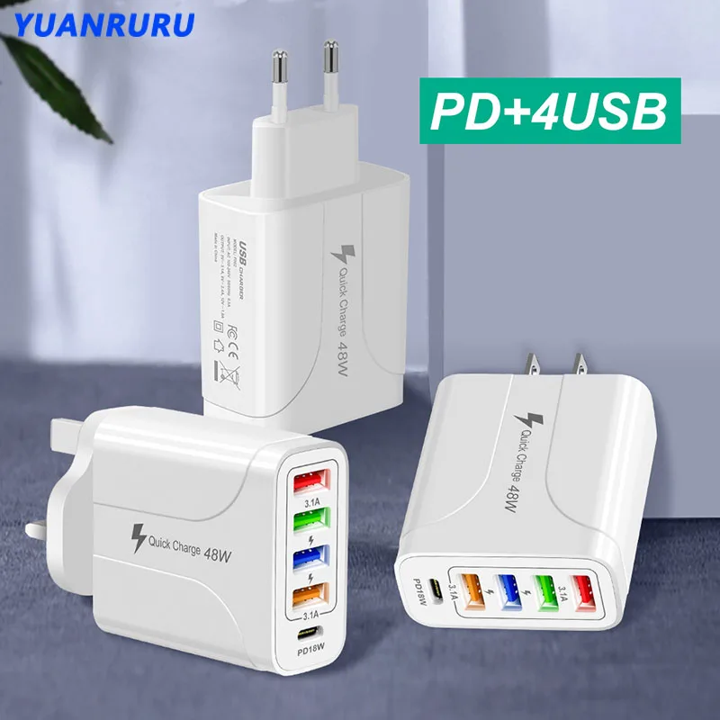 48W PD+4USB Type C Charger Quick Charge QC 3.0 PD 18W Fast Charging Phone Charger for Apple Huawei Xiaomi Samsung Charging Case