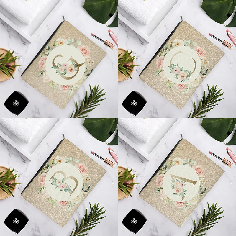 

Luxury Golden English Alphabet Pink Rose Wreath Linen Cosmetic Bag For Beauty Women Wedding Makeup Easy Carry Storage Travel