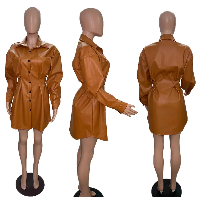 Autumn and Winter Fleece Street Style Long Coat Pleated Waist Skirt Leather Jacket enlarge