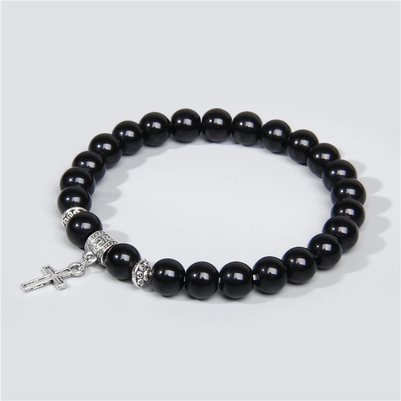 

Cross Black Onyx Bracelet Natural Labradorite Stone Prayer Bracelet Round Lava Bead Couple Bracelet Women Men Yoga Charm Jewelry