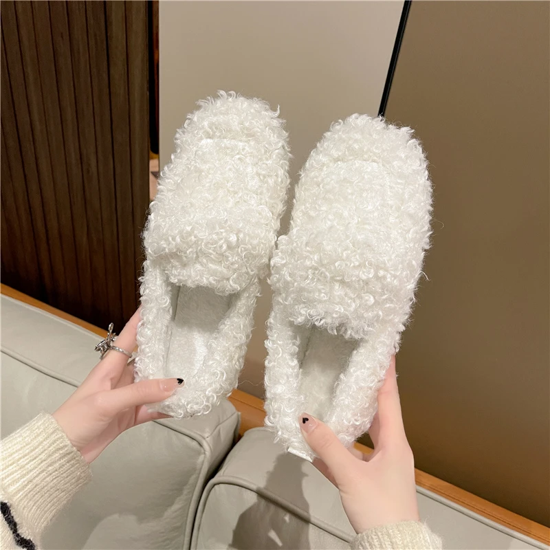 Luxury Lambwool Moccasins Femme Winter Cotton Shoes Women Warm Plush Loafers Comfy Curly Sheep Fur Flats Woman Muller Shoes