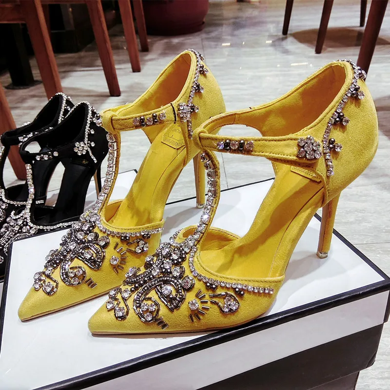 

2022 Spring and Summer New Banquet Sexy T-shaped Rhinestone Pointed Toe High Heels Stiletto Mid-heel Diamond-studded Shoes