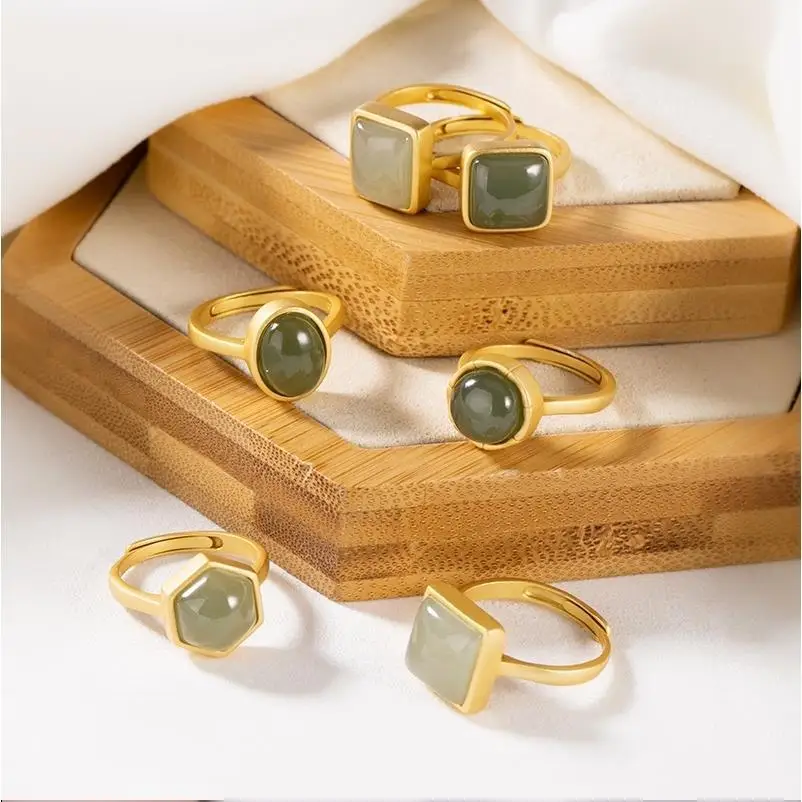 

S925 Sterling Silver Upscale Personality Women Hetian Jade Gray Jade Simple Jade Open Gilding Craft Ring Rings
