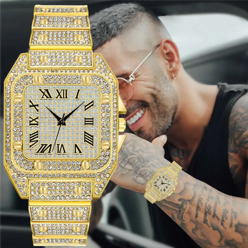 Men's Golden Watches Luxury Rhinestone Roma Dial Square Quartz Watch for Men Stainless Steel Wristwatches Relogio Masculino