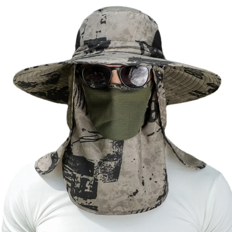 

3pcs/Set Men Bucket Hat with Shawl Veil Camouflage Summer Sand Prevention 12cm Army Sun Hat Waterproof Outdoor Camp Fishing Cap