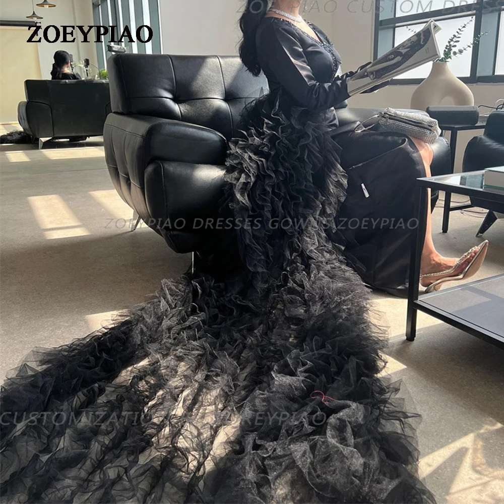

Black Shiny Long Sleeve Satin Evening Dress Pleated Tiered Ruched Arabic Sequins Prom Gown Elegant Floor-length Dubai Dresses
