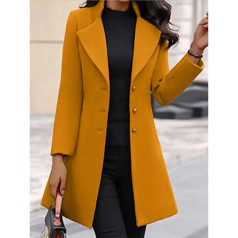 

Autumn Winter New Casual Women's Coat Fashion Slim Fit Mid Length 2023 European and American Solid Color Outwear Female Clothing