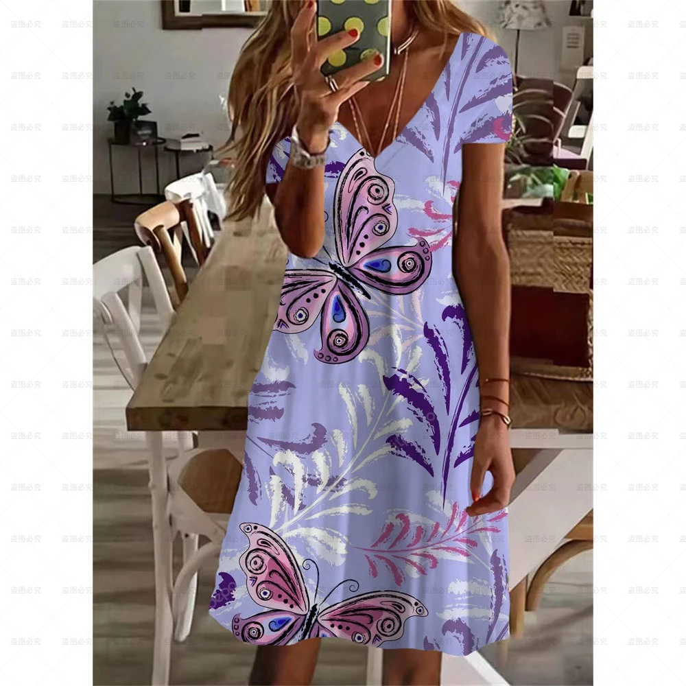 

Plants Flowers 3D Print Dresses Vintage For Summer 2022 Women Short Sleeve V-Neck Dress Casual Pullovers Sundress XS-8XL