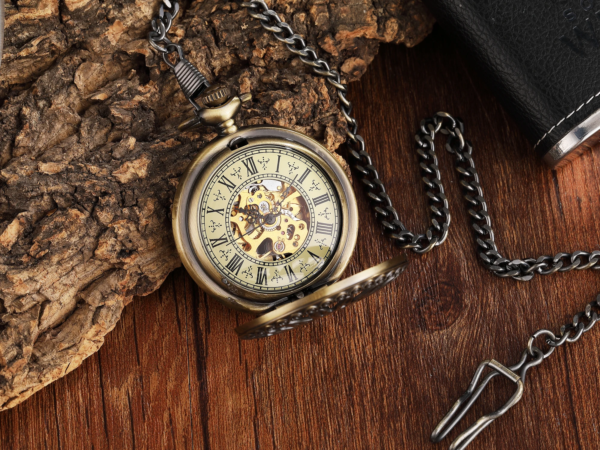 Retro Pocket Watch Antique Steampunk Vintage Roman Numerals Automatic Mechanical Men Watches Necklace Clock Chain Reloj Hombre