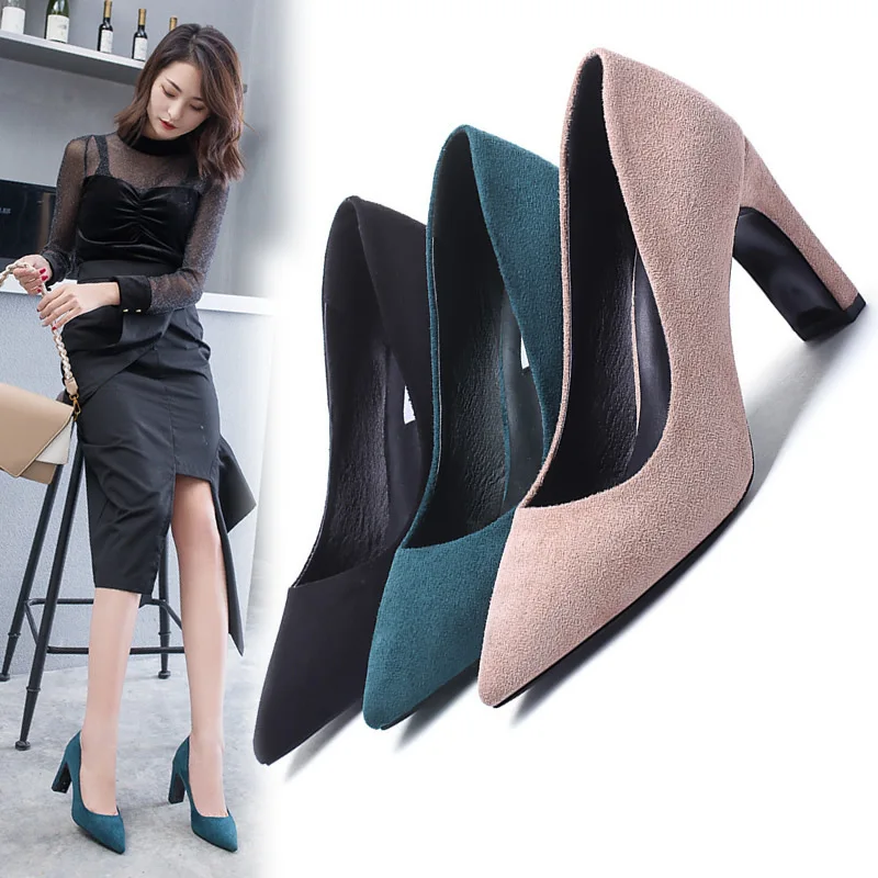

European and American Fashion Suede Large High Heels with Pointed Thick One Foot Single Shoe Luxury Shoes Women Designers