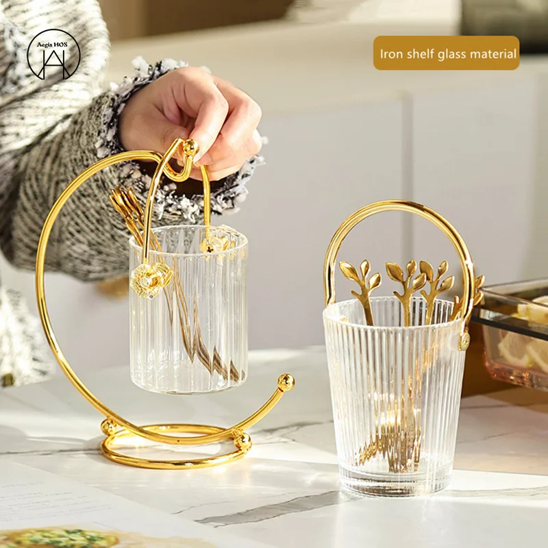 

Glass Storage Jar Stainless Steel Fruit Fork Set Kitchen Snacks Forks Storage Tool Chopstick Holder Children Safe Dessert Spoon