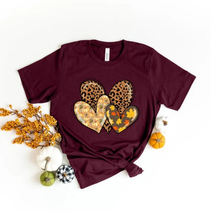 

Fall Hearts Doodle Shirt, Leopard Hearts Shirt, Thanksgiving Shirt, Simplicity graphic tee 100% cotton Women's T-shirt y2k top