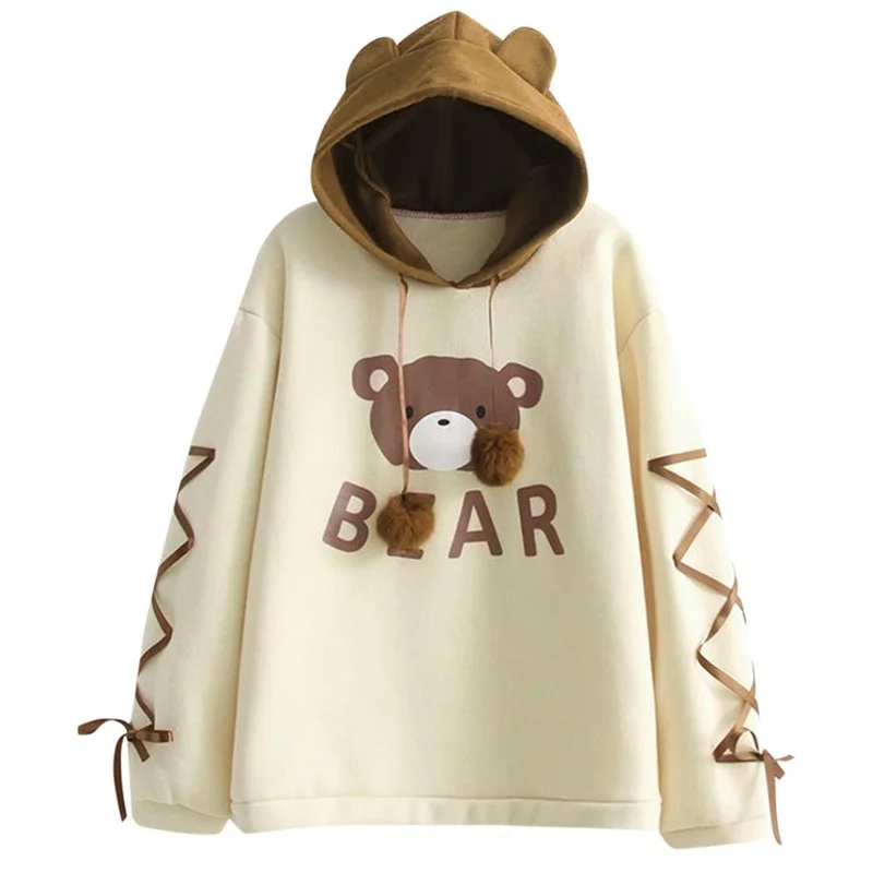

Kawaii Bear Print Animal Ear Cap Hoodies Women Long Sleeve Ribbon Hair Ball Cute Hooded Jumper Harajuku Sweatshirt Tops Female