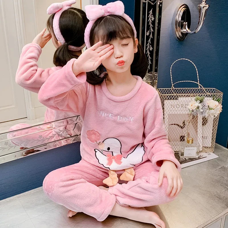 Kids Flannel Pajamas Autumn Winter Warm Round Neck Cartoon Pyjamas Boys Girls Nightgowns Children Sleepwear Long Clothing Suit