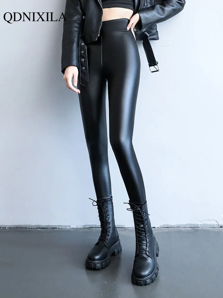 2023 Autumer Winter High Waist PU Leather Soft Pants Black Leggings Women Sexy Thickened Warm Tights Trousers Stretch Fashion