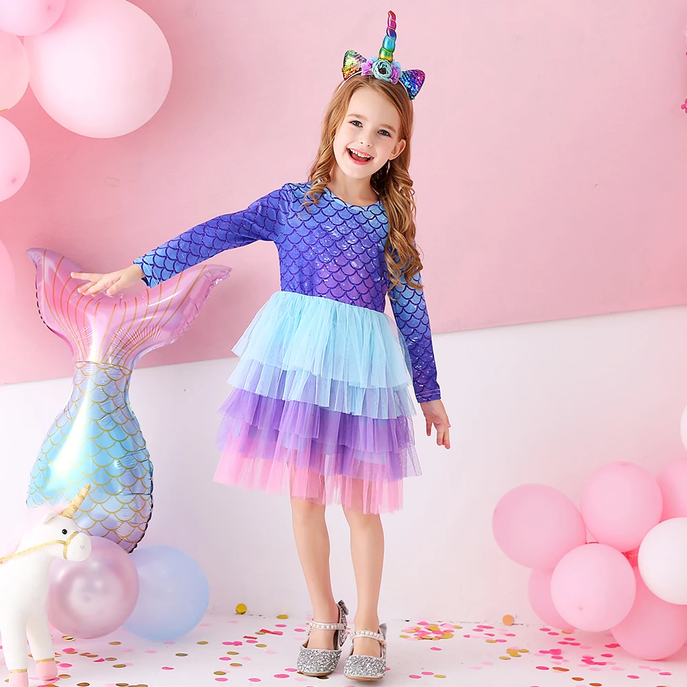 DXTON Autumn Long Sleevel Kids Dresses Mermaid Print Princess Tutu Dress Layer Mesh Tulle Vacation Outside Girls Clothing 3-8Ys