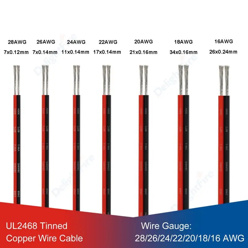 Провод для динамиков 1/3/5 м, 2-контактный Электрический провод UL2468, черный, красный, 28, 26, 24, 22, 20, 18 AWG, стандарта освещения, для звуковых ламп, светодиодный драйвер