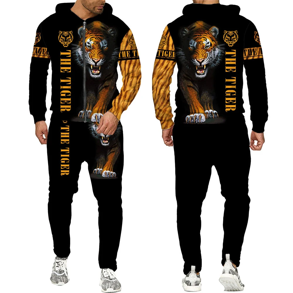

Костюм спортивный мужской на молнии, модный Повседневный пуловер с 3D-принтом тигра, толстовка с капюшоном и штаны, уличная одежда