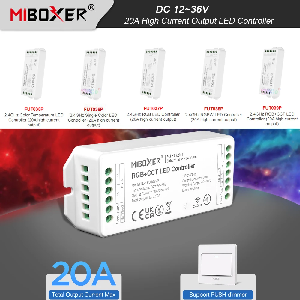 Miboxer 20A High Current Output Single Color/Dual White/RGB/RGBW/RGB+CCT LED Strip tape Controller 12~36V 2.4G RF Remote control