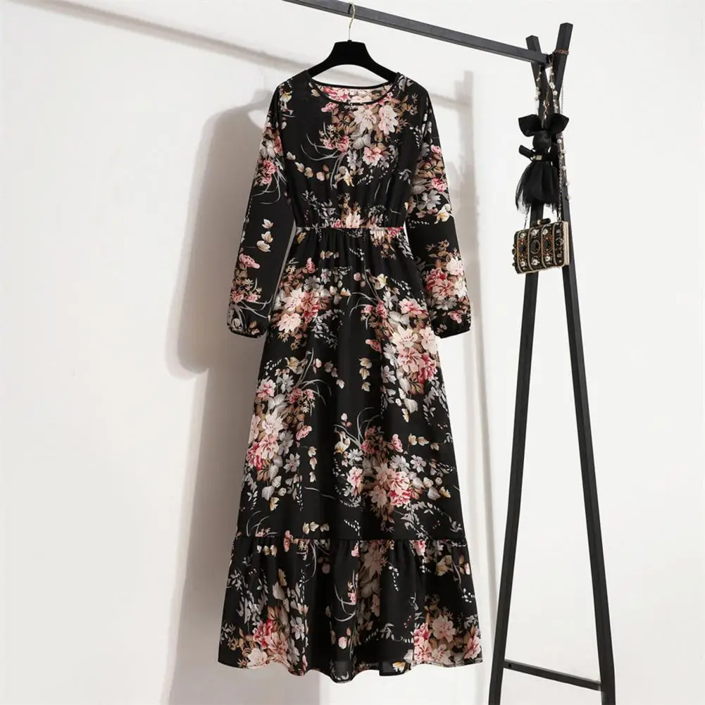

Women Round Neck Dress Floral Print A-line Dress Women's O-neck Maxi with Elastic High Waist Loose Hem Chic for Fashionable
