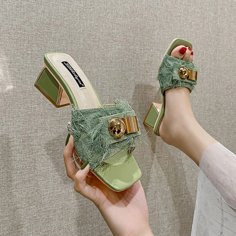 

Open Toe Nobility Slippers Grassy Sandals Women Chunky Heel Luxury Slippers