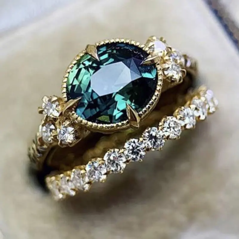 

2pcs Golden Oval Green Crystal Rings Set for Women 2022 New Arrivals Lover's Paired Ring Female Wedding Jewelry Dropshipping