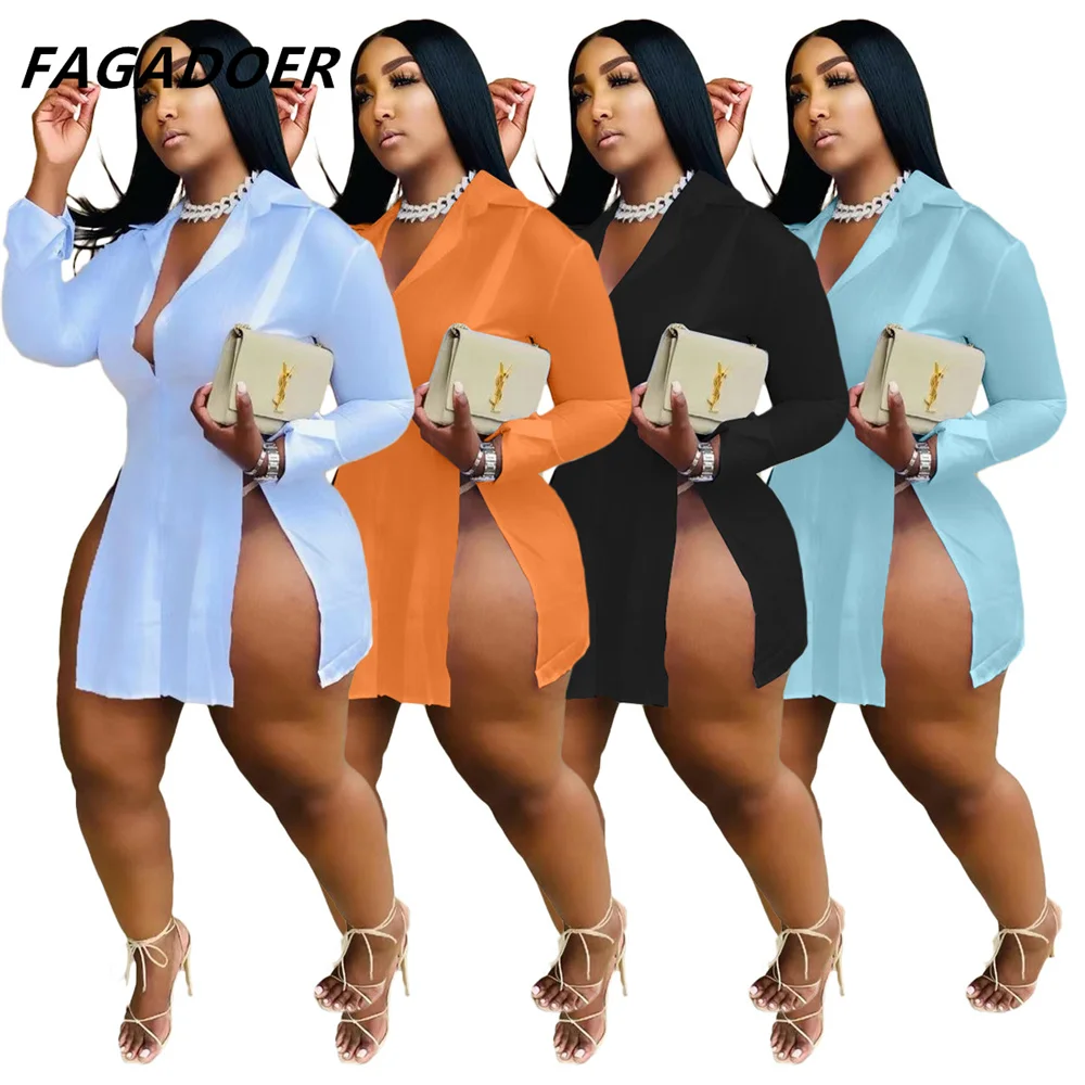 

FAGADOER Solid Color Long-sleeved V-neck Ladies Shirt Side Slit Summer Women's Blouse 2022 Explosion Models New Women Fashion