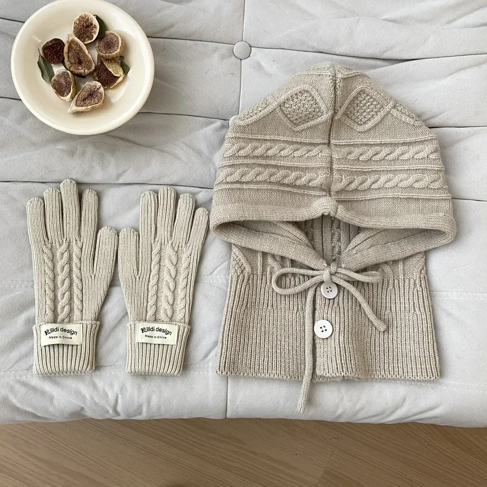 

Winter Knitted Hat Gloves Warm Thicken Balaclava Imitation Cashmere Scarf Set Wool Korea Shawl Split Finger Pullover Hat