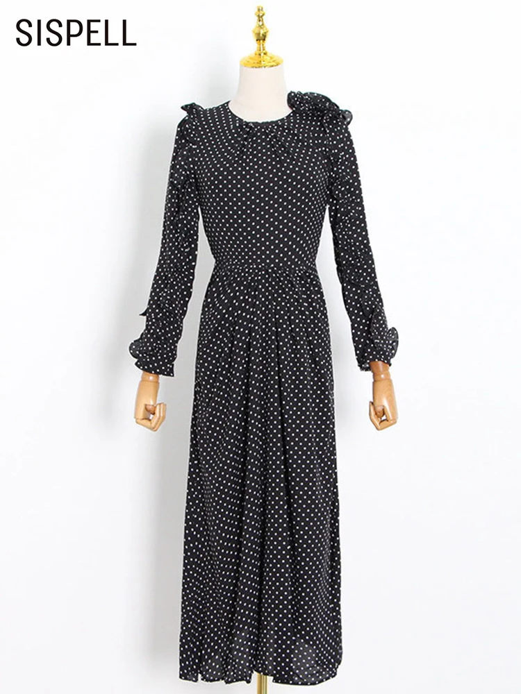 

Женское свободное платье SISPELL с круглым вырезом, длинным рукавом и высокой талией, в горошек