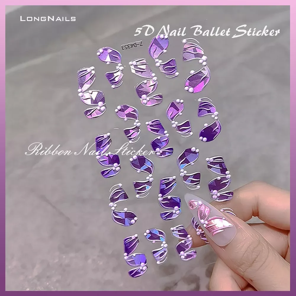 

Unique Japanese Ribbon Nail Stickers 5D Aurora Holo Resemble Ballet Pearl Finger Decals Self-Adhesive Nail Art Stickers 7*9