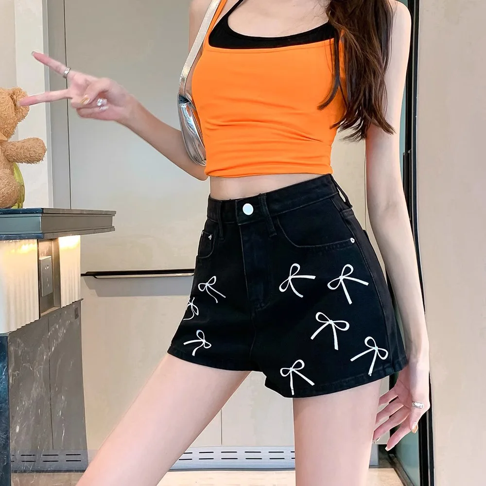 Милые джинсовые шорты в Корейском стиле с бантом и принтом облегающие голубые