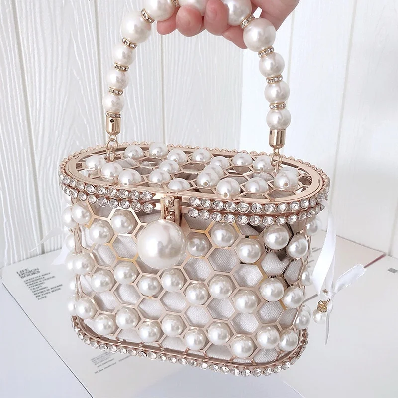 

New in Pearl Diamond Women Handbag Mini Bucket Bag Luxury Evening Party Bag Clutch Tote Bag