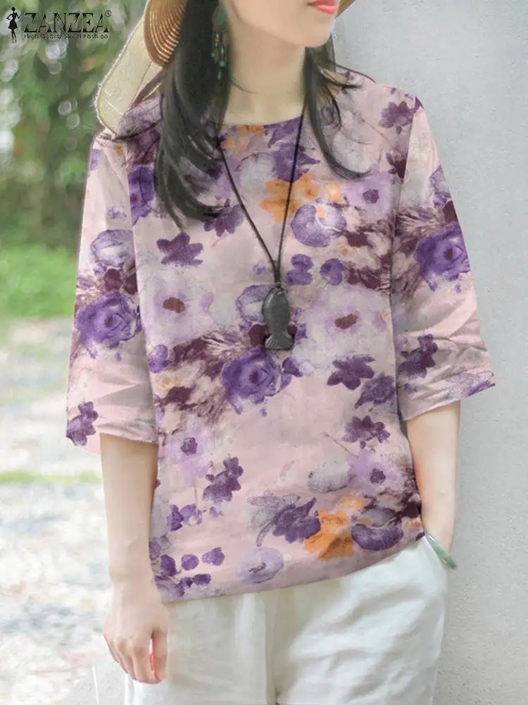 

Блузка ZANZEA Женская Осенняя из хлопка и льна, с рукавом 3/4 и цветочным принтом