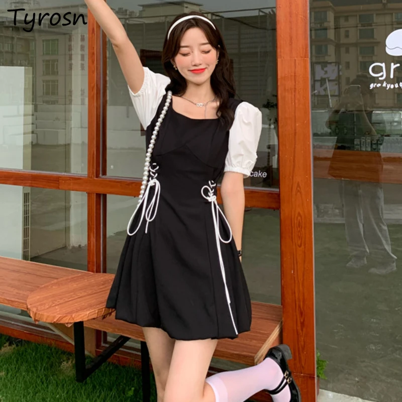 

Мини-платья женские бандажные модные дизайнерские Женские приталенные пикантные летние платья со вставками и милыми пышными рукавами в Корейском стиле повседневные платья в стиле ампир