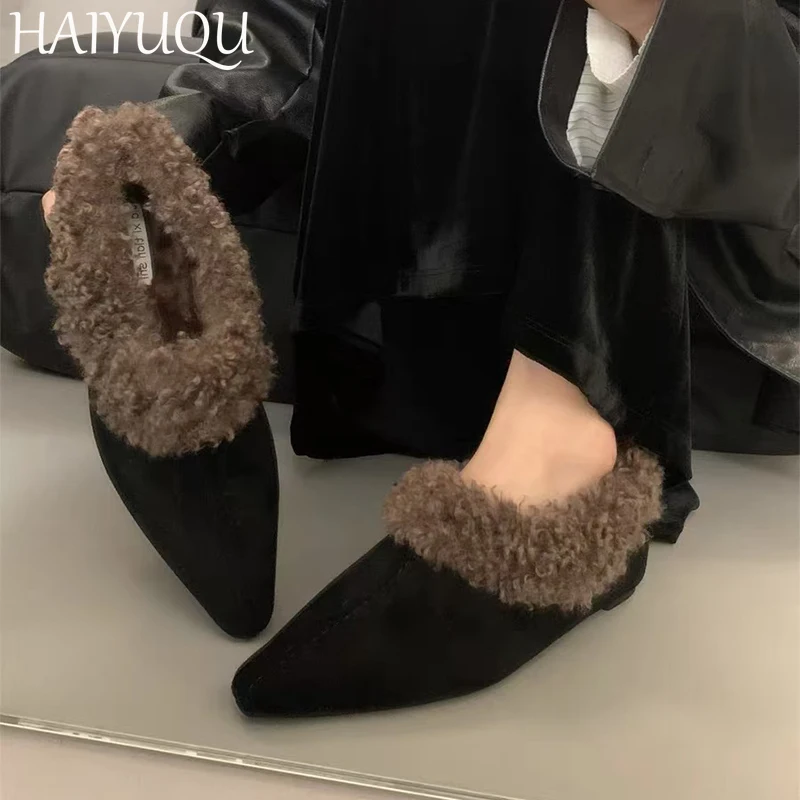 Женские замшевые хлопковые туфли на меху с острым носком плоской подошве женские